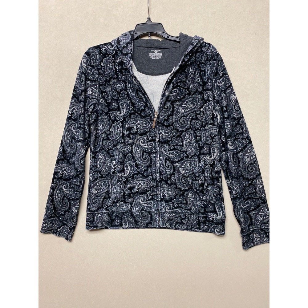 Jones New York Sport Womens Paisley Full Zip Hoodie Black Grey White Size M